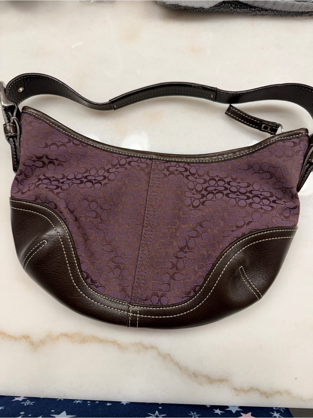 Coach Purple Jacquard and Chocolate Leather Shoulder Bag - Picture 7 of 12